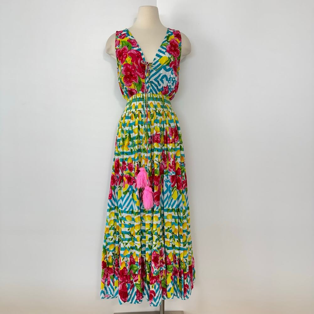 Antica Sartoria Lemon Floral Print Maxi Dress Sleeveless Tiered OS - Picture 2 of 12